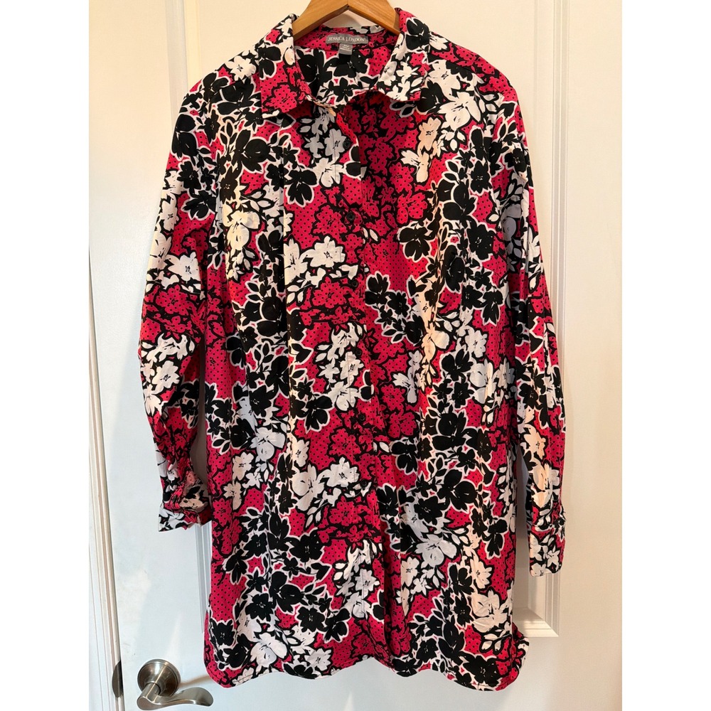 Jessica London Floral Button Down Tunic Shirt Pink Black White Plus Size 20W